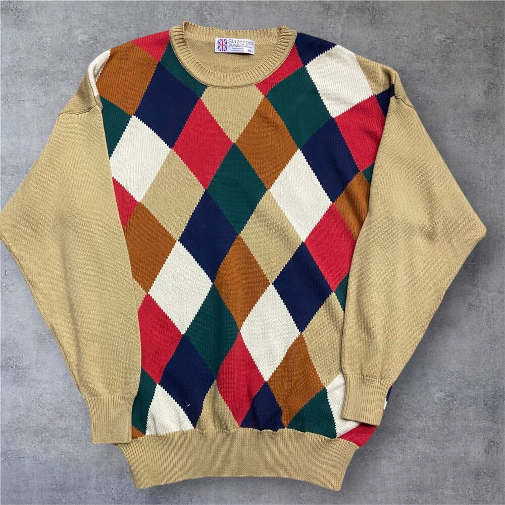 Slazenger Vintage Golf Argyle Pattern Geometric Diamond Tan Sweater Men's XXL
